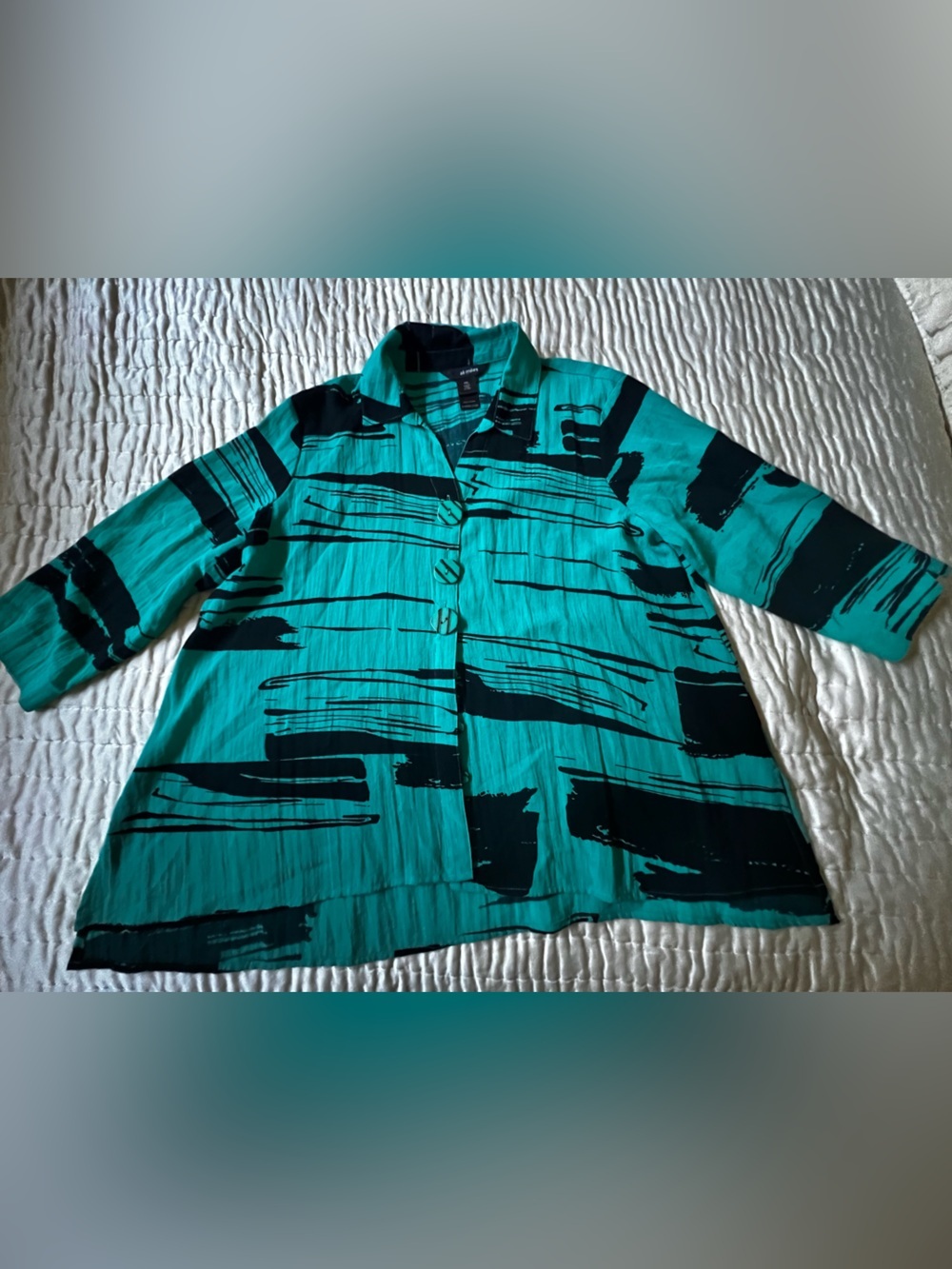 ALI MILES POINT COLLAR TUNIC SIZE PXL BLACK/TEAL PATTERNED BUTTON FRONT
LIKE NEW
